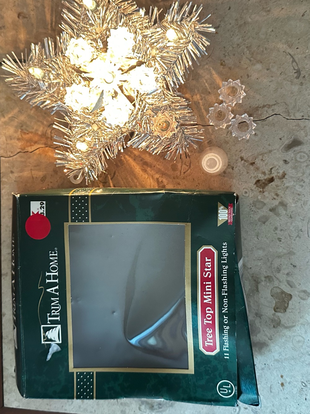 Silver Star Tree Top with Lights 6” With Box Works